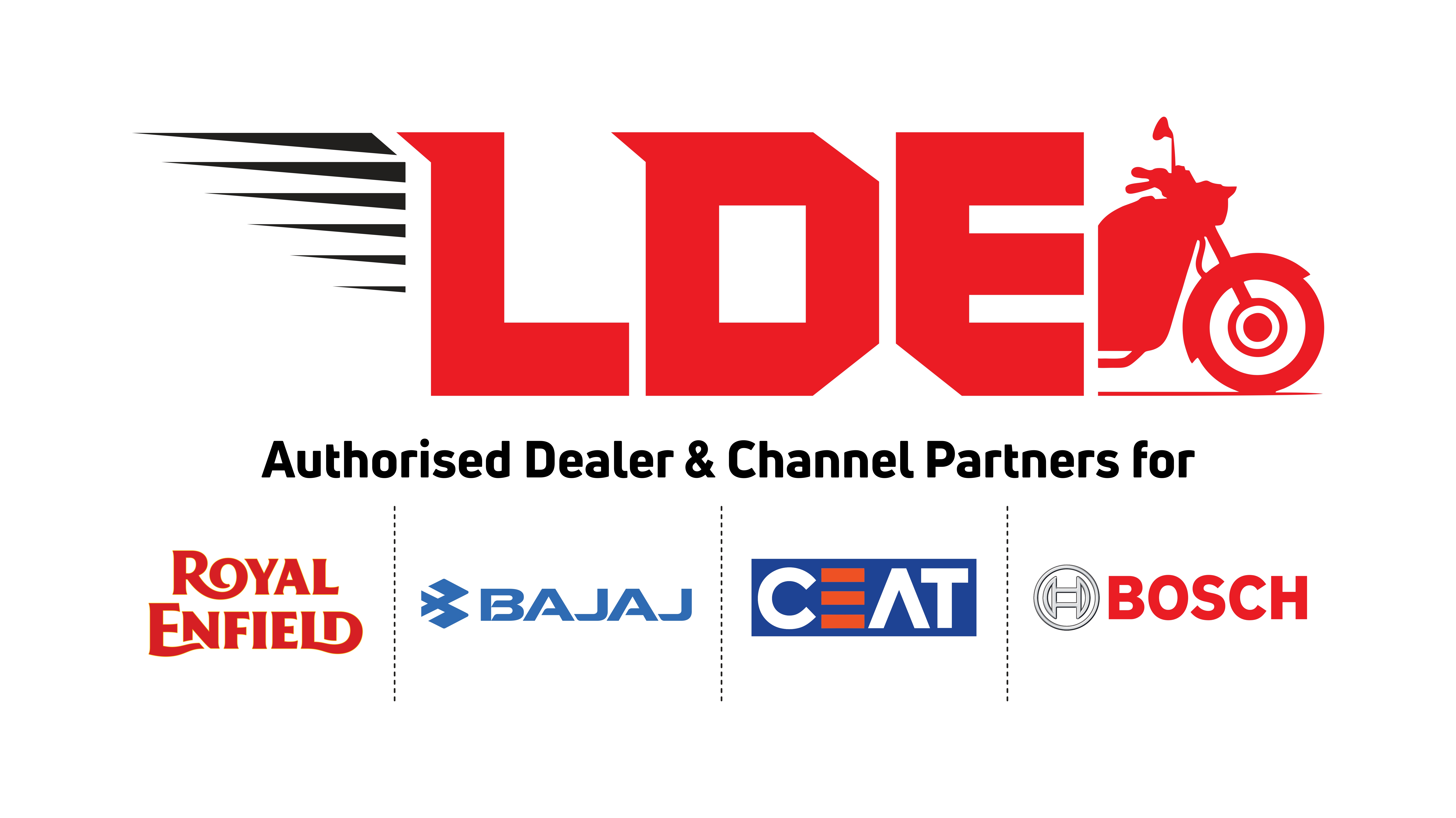 LDE authorised dealer board listing Royal Enfield, Bajaj, and Tata Motors as channel partners